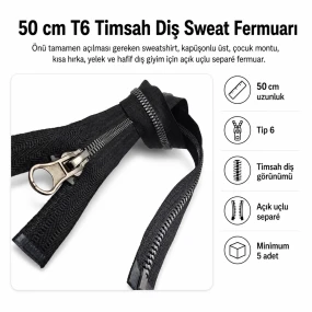 50 cm T6 Kemik Timsah Diş Sweat Fermuarı Açık Uçlu Separé EPR0050T6TMS