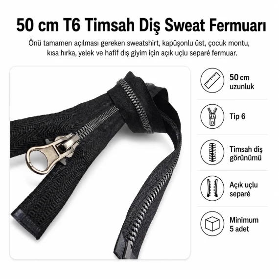 50 cm T6 Kemik Timsah Diş Sweat Fermuarı Açık Uçlu Separé EPR0050T6TMS