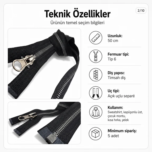 50 cm T6 Kemik Timsah Diş Sweat Fermuarı Açık Uçlu Separé EPR0050T6TMS, sweatshirt ve hafif dış giyim için ideal, pratik