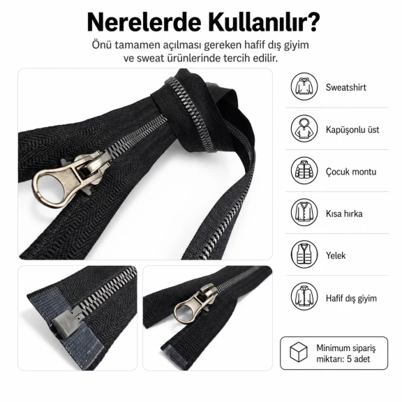 50 cm T6 Kemik Timsah Diş Sweat Fermuarı Açık Uçlu Separé EPR0050T6TMS, sweatshirt ve hafif dış giyim için ideal, pratik