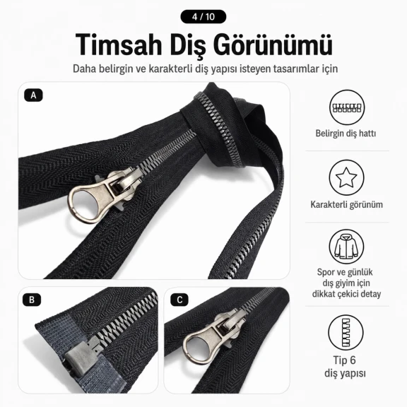 50 cm T6 Kemik Timsah Diş Sweat Fermuarı Açık Uçlu Separé EPR0050T6TMS, sweatshirt ve hafif dış giyim için ideal, pratik