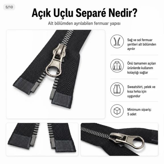 50 cm T6 Kemik Timsah Diş Sweat Fermuarı Açık Uçlu Separé EPR0050T6TMS, sweatshirt ve hafif dış giyim için ideal, pratik