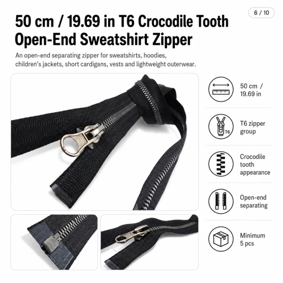 50 cm T6 Kemik Timsah Diş Sweat Fermuarı Açık Uçlu Separé EPR0050T6TMS, sweatshirt ve hafif dış giyim için ideal, pratik