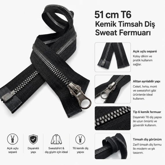 51 cm T6 Kemik Timsah Diş Sweat Fermuarı Açık Uçlu Separé EPR0051T6TMS