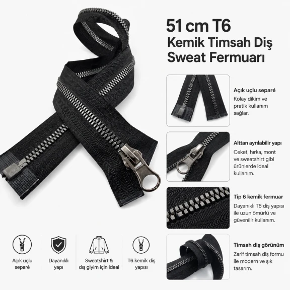 51 cm T6 Kemik Timsah Diş Sweat Fermuarı Açık Uçlu Separé EPR0051T6TMS