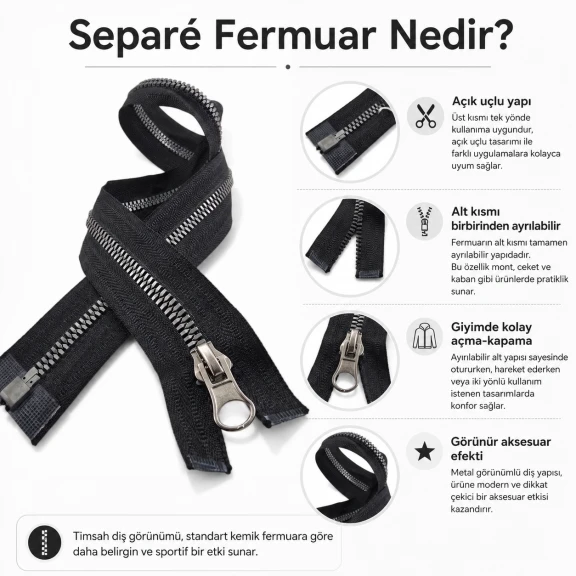 51 cm T6 Kemik Timsah Diş Sweat Fermuarı Açık Uçlu Separé EPR0051T6TMS