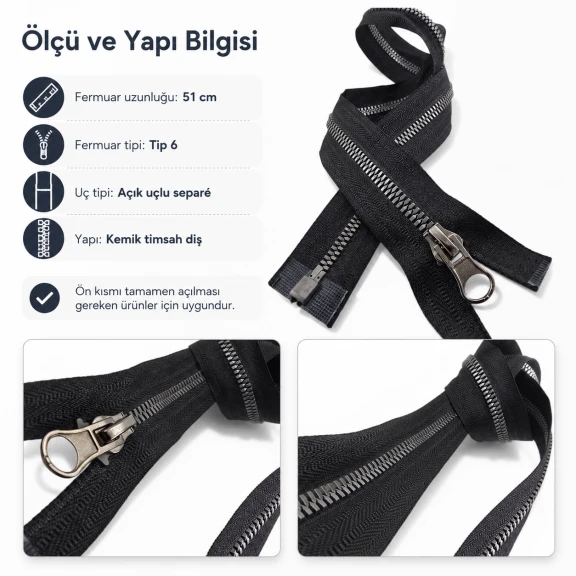 51 cm T6 Kemik Timsah Diş Sweat Fermuarı Açık Uçlu Separé EPR0051T6TMS
