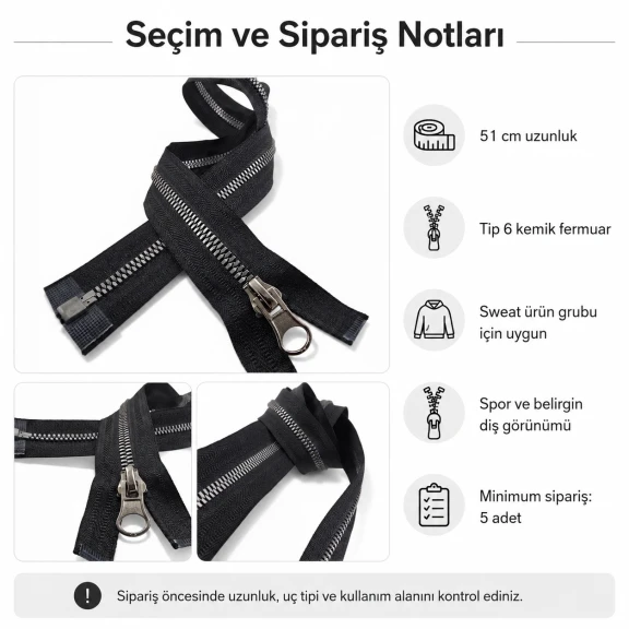 51 cm T6 Kemik Timsah Diş Sweat Fermuarı Açık Uçlu Separé EPR0051T6TMS