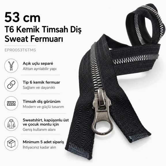 53 cm T6 Kemik Timsah Diş Sweat Fermuarı Açık Uçlu Separé EPR0053T6TMS