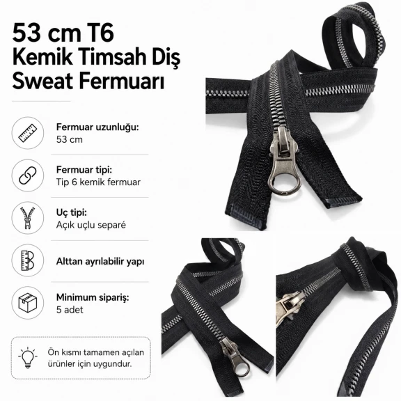 53 cm T6 Kemik Timsah Diş Sweat Fermuarı Açık Uçlu Separé EPR0053T6TMS