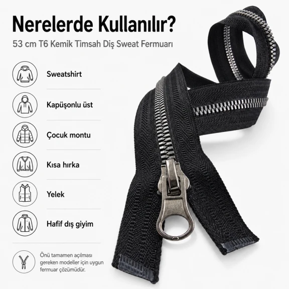 53 cm T6 Kemik Timsah Diş Sweat Fermuarı Açık Uçlu Separé EPR0053T6TMS