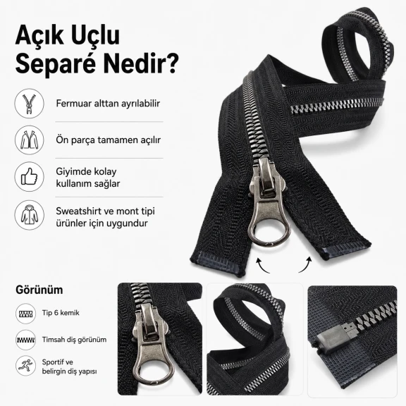 53 cm T6 Kemik Timsah Diş Sweat Fermuarı Açık Uçlu Separé EPR0053T6TMS