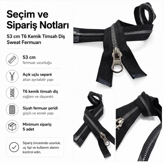 53 cm T6 Kemik Timsah Diş Sweat Fermuarı Açık Uçlu Separé EPR0053T6TMS