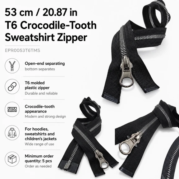 53 cm T6 Kemik Timsah Diş Sweat Fermuarı Açık Uçlu Separé EPR0053T6TMS