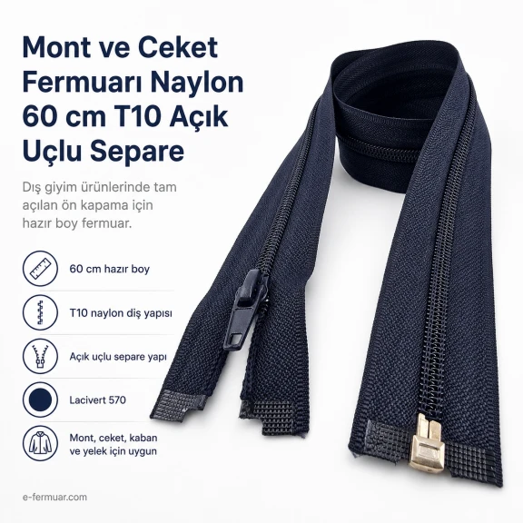 Mont ve Ceket Fermuarı Naylon 60 cm T10 Açık Uçlu Separe Lacivert, dış giyim ürünleri için ideal fermuar