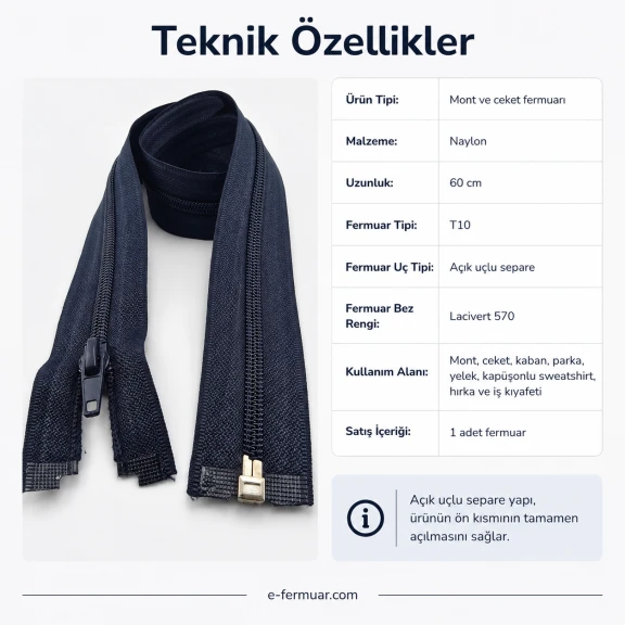 Mont ve Ceket Fermuarı Naylon 60 cm T10 Açık Uçlu Separe Lacivert, dış giyim ürünleri için ideal fermuar