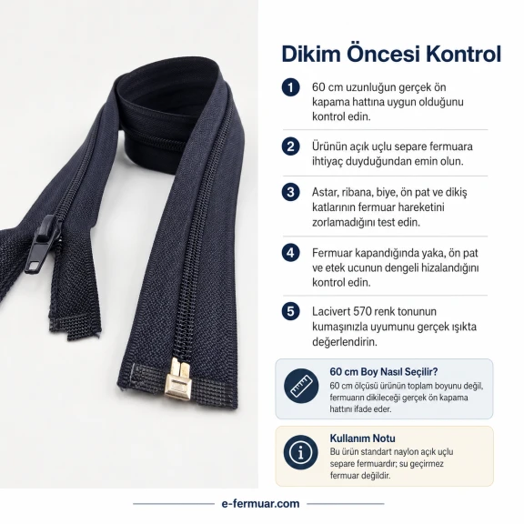 Mont ve Ceket Fermuarı Naylon 60 cm T10 Açık Uçlu Separe Lacivert, dış giyim ürünleri için ideal fermuar