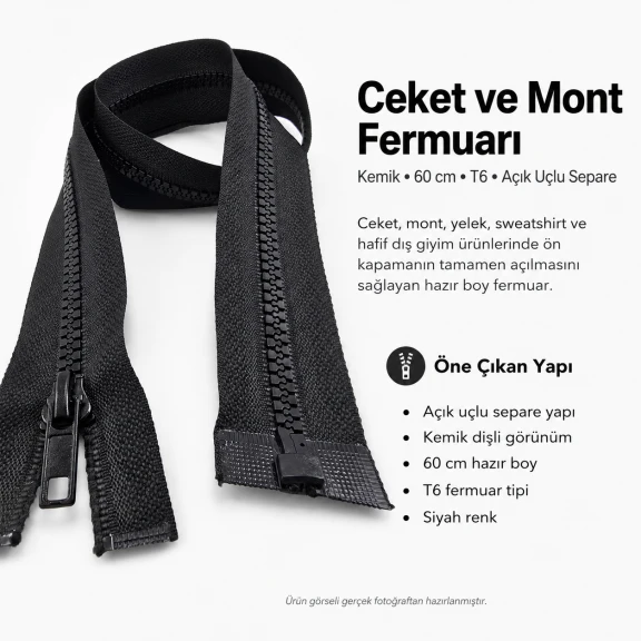 Ceket ve Mont Fermuarı Kemik 60 cm T6 Açık Uçlu Separe Siyah 322 EPR0060T6