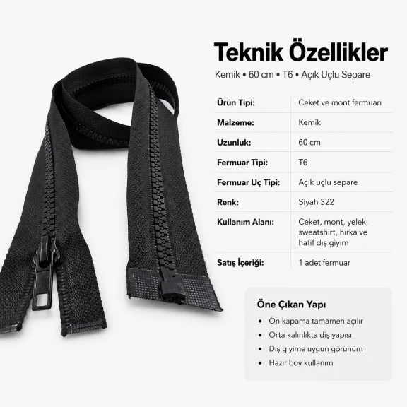 Ceket ve Mont Fermuarı Kemik 60 cm T6 Açık Uçlu Separe Siyah 322 EPR0060T6