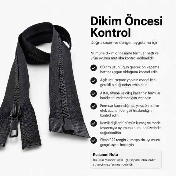 Ceket ve Mont Fermuarı Kemik 60 cm T6 Açık Uçlu Separe Siyah 322 EPR0060T6