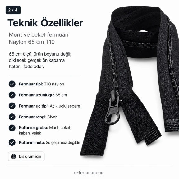 Mont ve Ceket Fermuarı Naylon 65 cm T10 Açık Uçlu Separe Siyah EPR0065T10