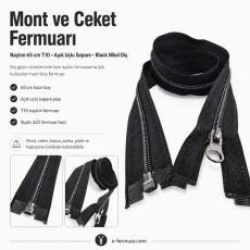 Mont ve Ceket Fermuarı Naylon 65 cm T10 Black Nikel Diş Renkli Açık Uçlu Separe Siyah EPR0065T10BN