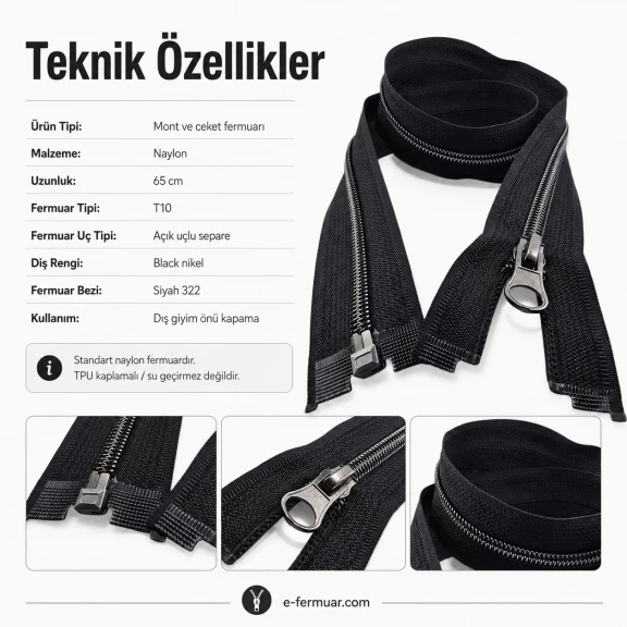 Mont ve Ceket Fermuarı Naylon 65 cm T10 Black Nikel Diş Renkli Açık Uçlu Separe Siyah