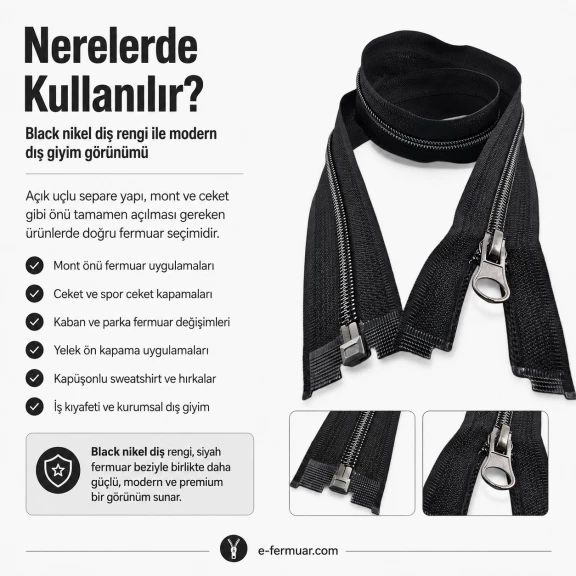 Mont ve Ceket Fermuarı Naylon 65 cm T10 Black Nikel Diş Renkli Açık Uçlu Separe Siyah