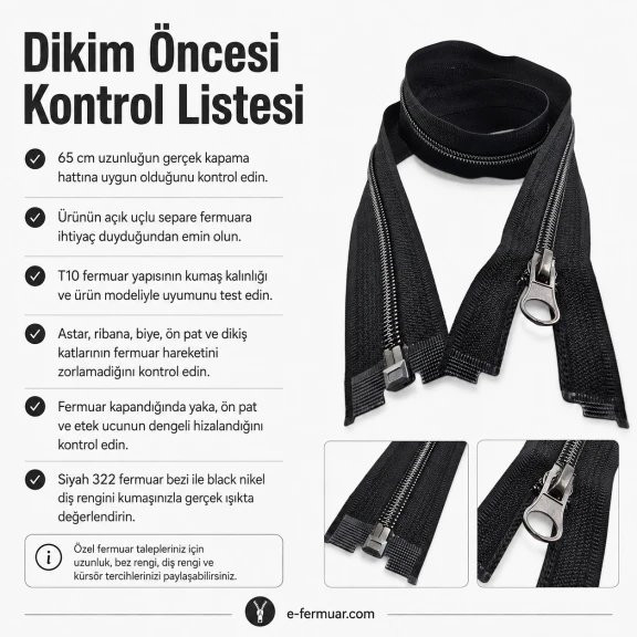 Mont ve Ceket Fermuarı Naylon 65 cm T10 Black Nikel Diş Renkli Açık Uçlu Separe Siyah