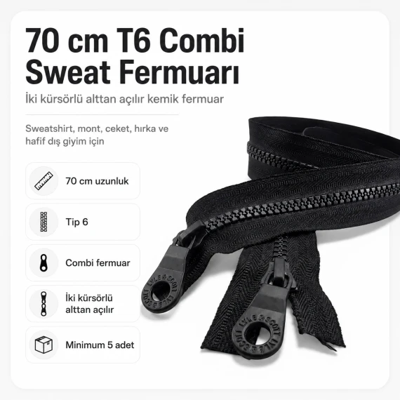 70 cm T6 Kemik Sweat Fermuarı Combi Alttan Açılır Siyah Bez EPR0070T6C