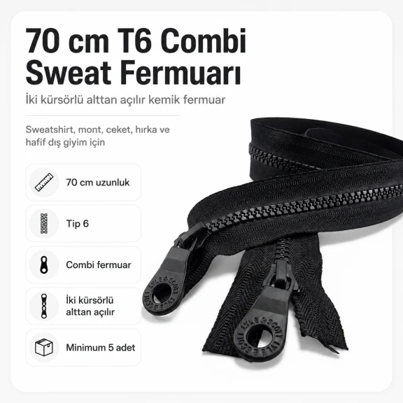 70 cm T6 Kemik Sweat Fermuarı Combi Alttan Açılır EPR0070T6C, açık uçlu separé model, çocuk montu ve sweatshirtlerde