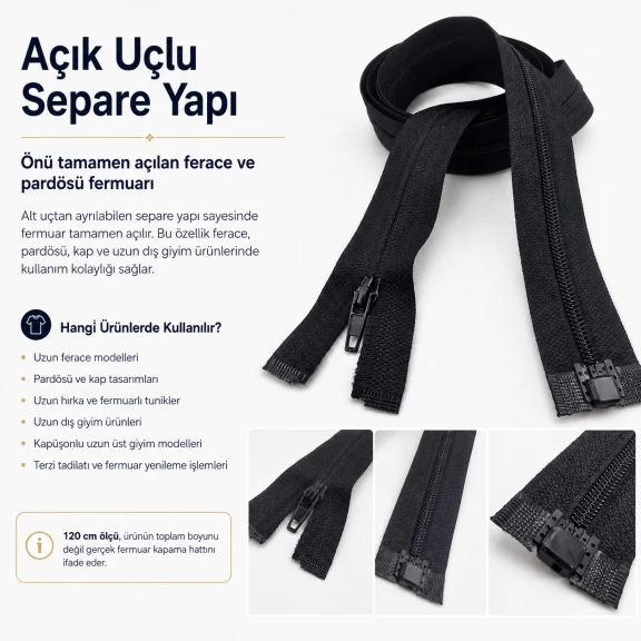 120 cm T5 Naylon Ters Ferace ve Pardösü Fermuarı - Siyah, dayanıklı ve şık tasarımıyla ferace ve pardösü gibi giysilerde