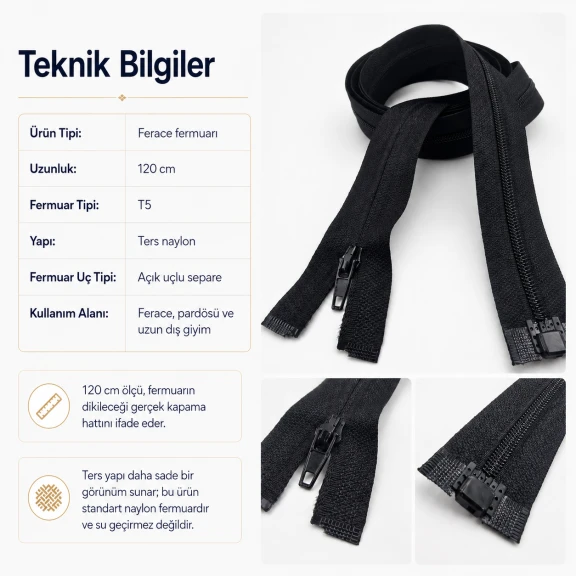 120 cm T5 Naylon Ters Ferace ve Pardösü Fermuarı - Siyah, dayanıklı ve şık tasarımıyla ferace ve pardösü gibi giysilerde