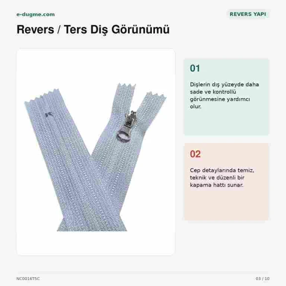 Revers Cep Fermuarı Naylon 16 cm T5, Mont, Ceket ve Çanta İçin Dipli Fermuar