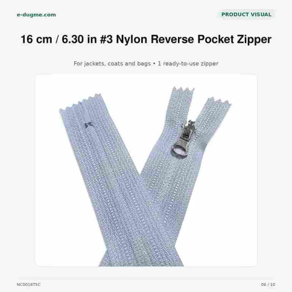 Revers Cep Fermuarı Naylon 16 cm T5, Mont, Ceket ve Çanta İçin Dipli Fermuar