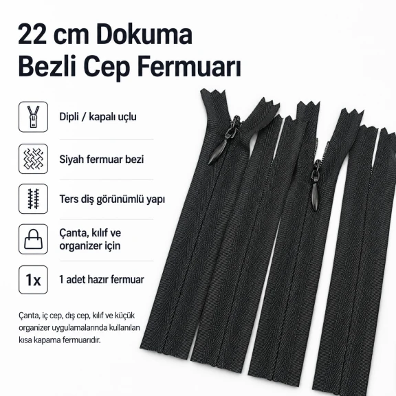 22 cm dokuma bezli cep fermuarı çanta, kılıf ve organizer için ideal kapama çözümü