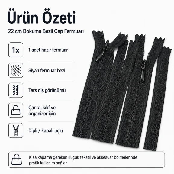 22 cm dokuma bezli cep fermuarı çanta, kılıf ve organizer için ideal kapama çözümü