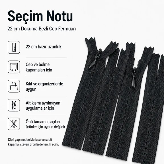 22 cm dokuma bezli cep fermuarı çanta, kılıf ve organizer için ideal kapama çözümü