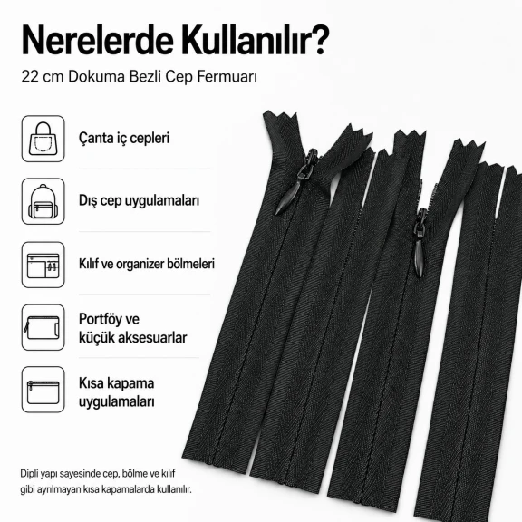 22 cm dokuma bezli cep fermuarı çanta, kılıf ve organizer için ideal kapama çözümü