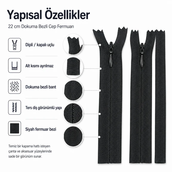 22 cm dokuma bezli cep fermuarı çanta, kılıf ve organizer için ideal kapama çözümü