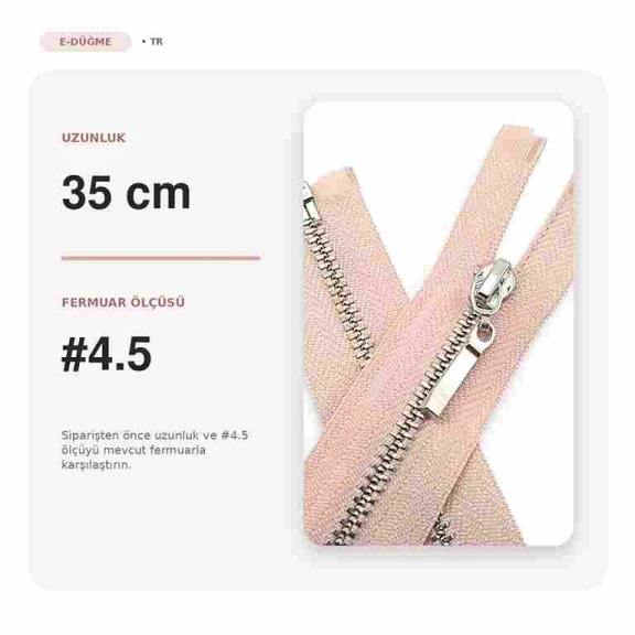 35 cm Tip 4,5 Pudra Bezli Nikel Metal Dişli Ceket Fermuarı ZPM0035D45, mont ve ceketlerde kullanılmak üzere tasarlanmış
