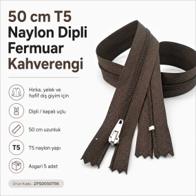 Hırka, Yelek ve Dış Giyim Fermuarı Naylon 50 cm T5 Dipli Kahverengi ZPS0050T5K