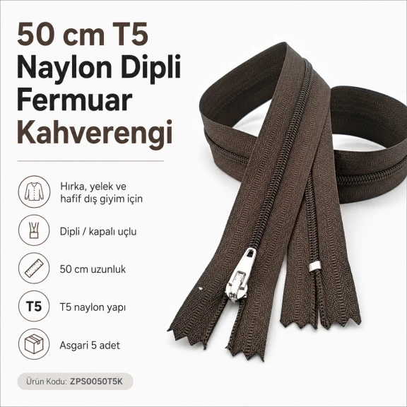 50 cm T5 Naylon Dipli Fermuar Kahverengi, hırka ve yelek gibi dış giyim ürünlerinde kullanıma uygun