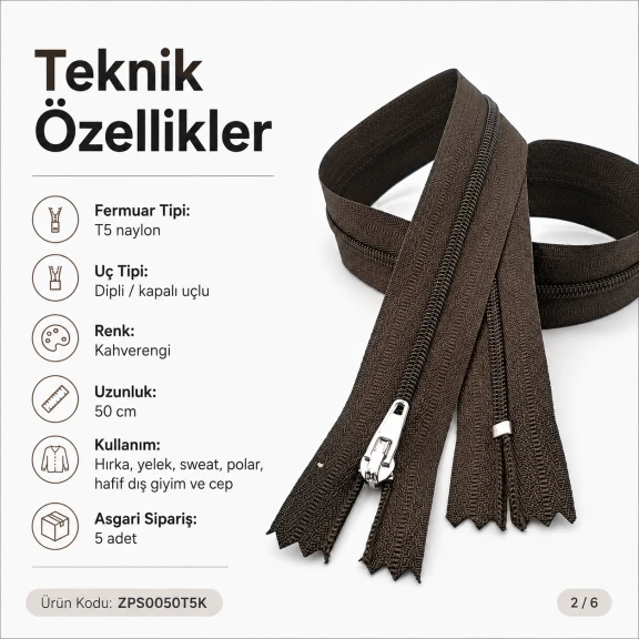50 cm T5 Naylon Dipli Fermuar Kahverengi, hırka ve yelek gibi dış giyim ürünlerinde kullanıma uygun
