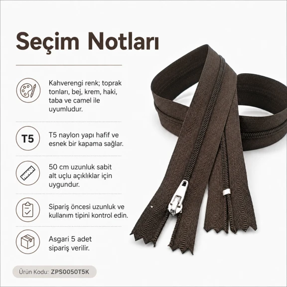 50 cm T5 Naylon Dipli Fermuar Kahverengi, hırka ve yelek gibi dış giyim ürünlerinde kullanıma uygun