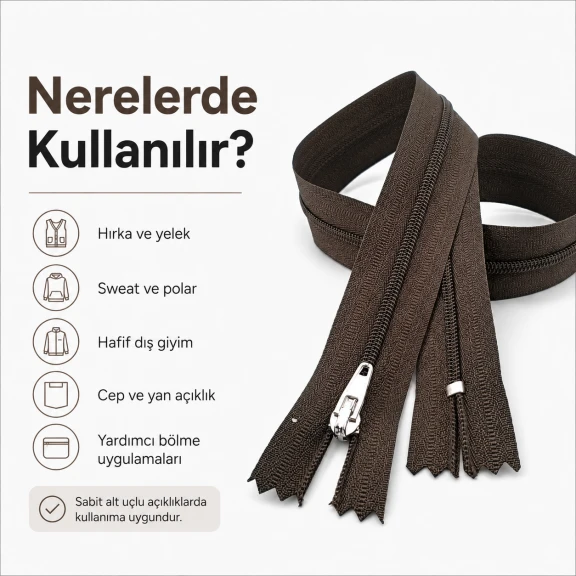 50 cm T5 Naylon Dipli Fermuar Kahverengi, hırka ve yelek gibi dış giyim ürünlerinde kullanıma uygun