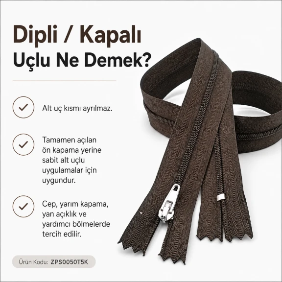 50 cm T5 Naylon Dipli Fermuar Kahverengi, hırka ve yelek gibi dış giyim ürünlerinde kullanıma uygun