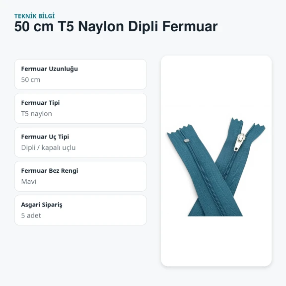 Hırka Yelek Dış Giyim Fermuarı Naylon Dipli Mavi 50 cm T5