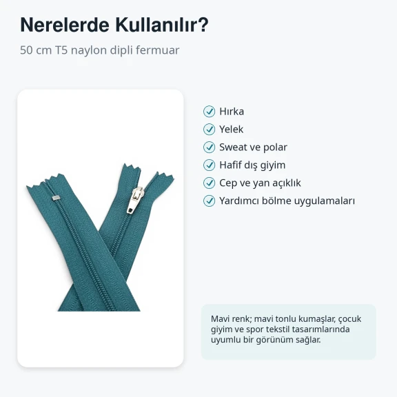 Hırka Yelek Dış Giyim Fermuarı Naylon Dipli Mavi 50 cm T5
