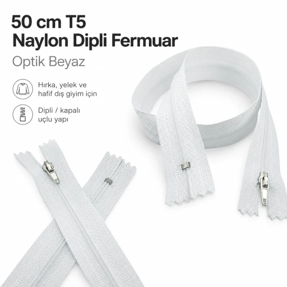 Hırka, Yelek ve Dış Giyim Fermuarı Naylon 50 cm T5 Dipli Optik Beyaz